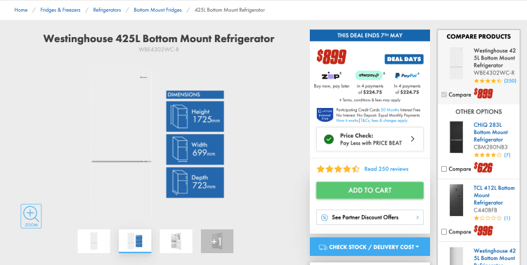 The Good Guys: Westinghouse 425L Bottom Mount Refrigerator (WBE4302WC-R) – $884 with Price Beat